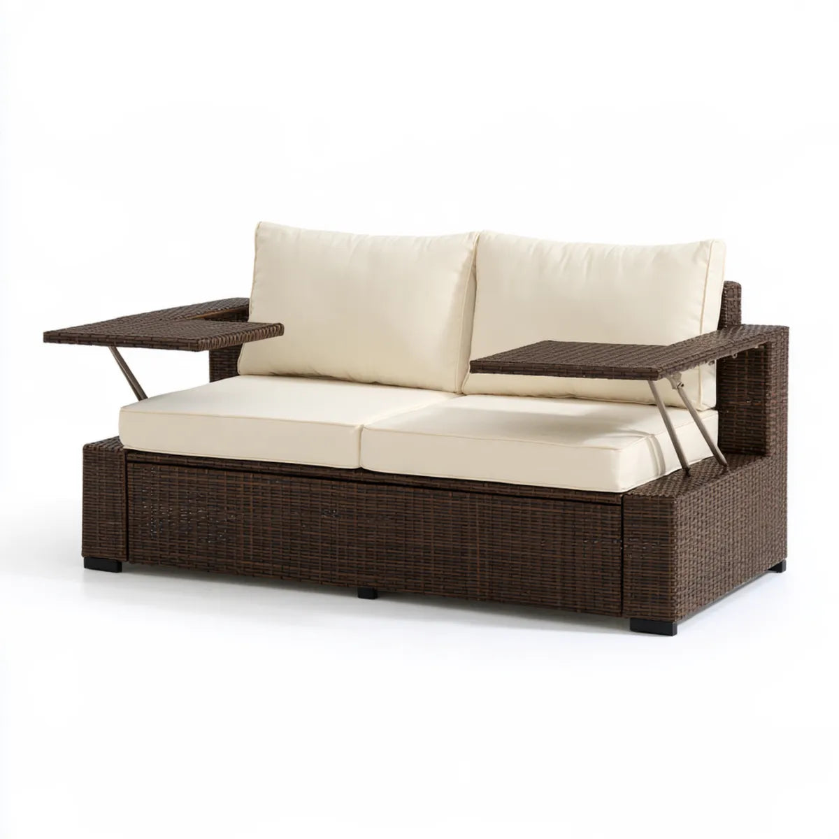 Outdoor PE Rattan Loveseat Sofa with Storage and Fold-Down Side Tables, 55.1 x 27.6 x 29.5 in, Brown with Cream Cushions