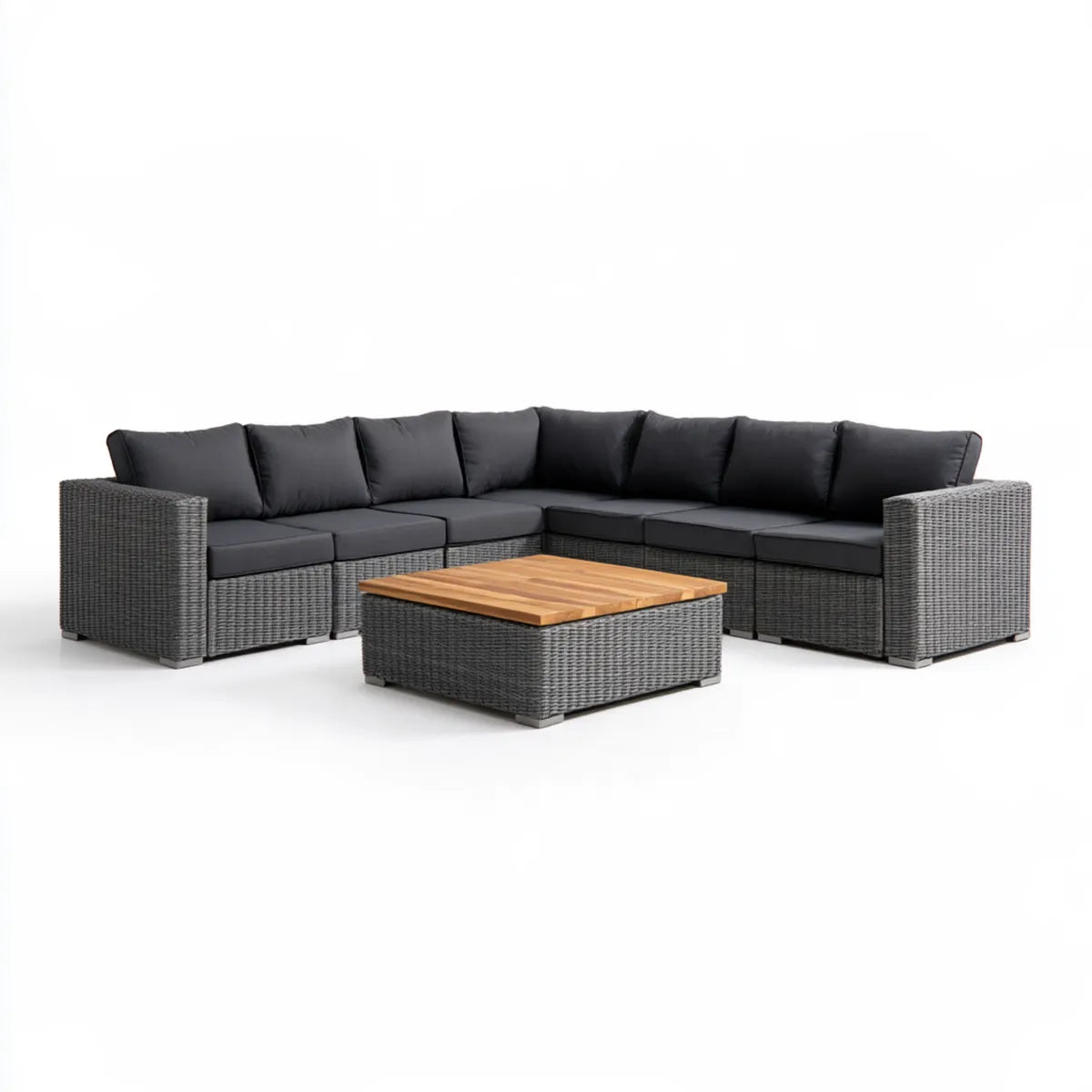 7-Piece Outdoor Gray PE Rattan L-Shaped Sectional Sofa Set with Natural Acacia Wood Coffee Table, 88.6 x 88.6 in