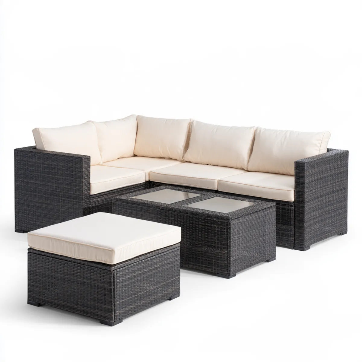 5-Piece Outdoor Patio Sectional Sofa Set, 79 x 55 x 25 in, Black PE Rattan with Cream Polyester Cushions