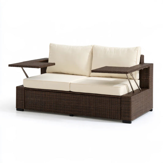 Outdoor PE Rattan Loveseat Sofa with Storage and Fold-Down Side Tables, 55.1 x 27.6 x 29.5 in, Brown with Cream Cushions