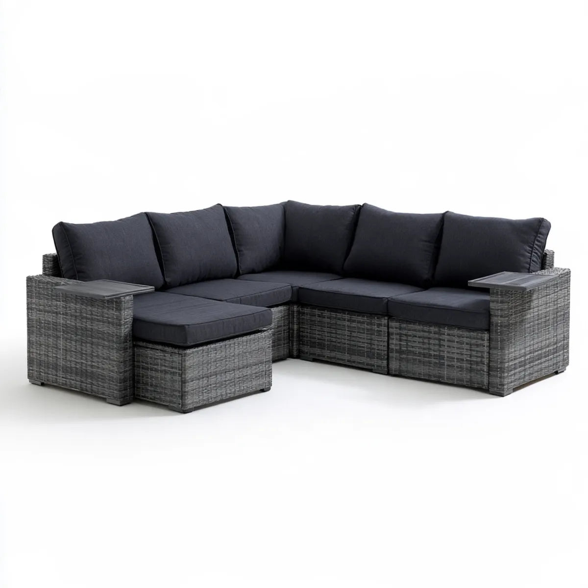 5-Piece Outdoor PE Rattan L-Shaped Sectional Sofa Set with Armrest Tables, 106.3 x 78.7 x 25.6 in, Gray/Dark Gray