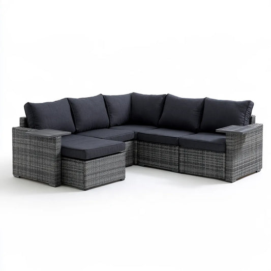 5-Piece Outdoor PE Rattan L-Shaped Sectional Sofa Set with Armrest Tables, 106.3 x 78.7 x 25.6 in, Gray/Dark Gray