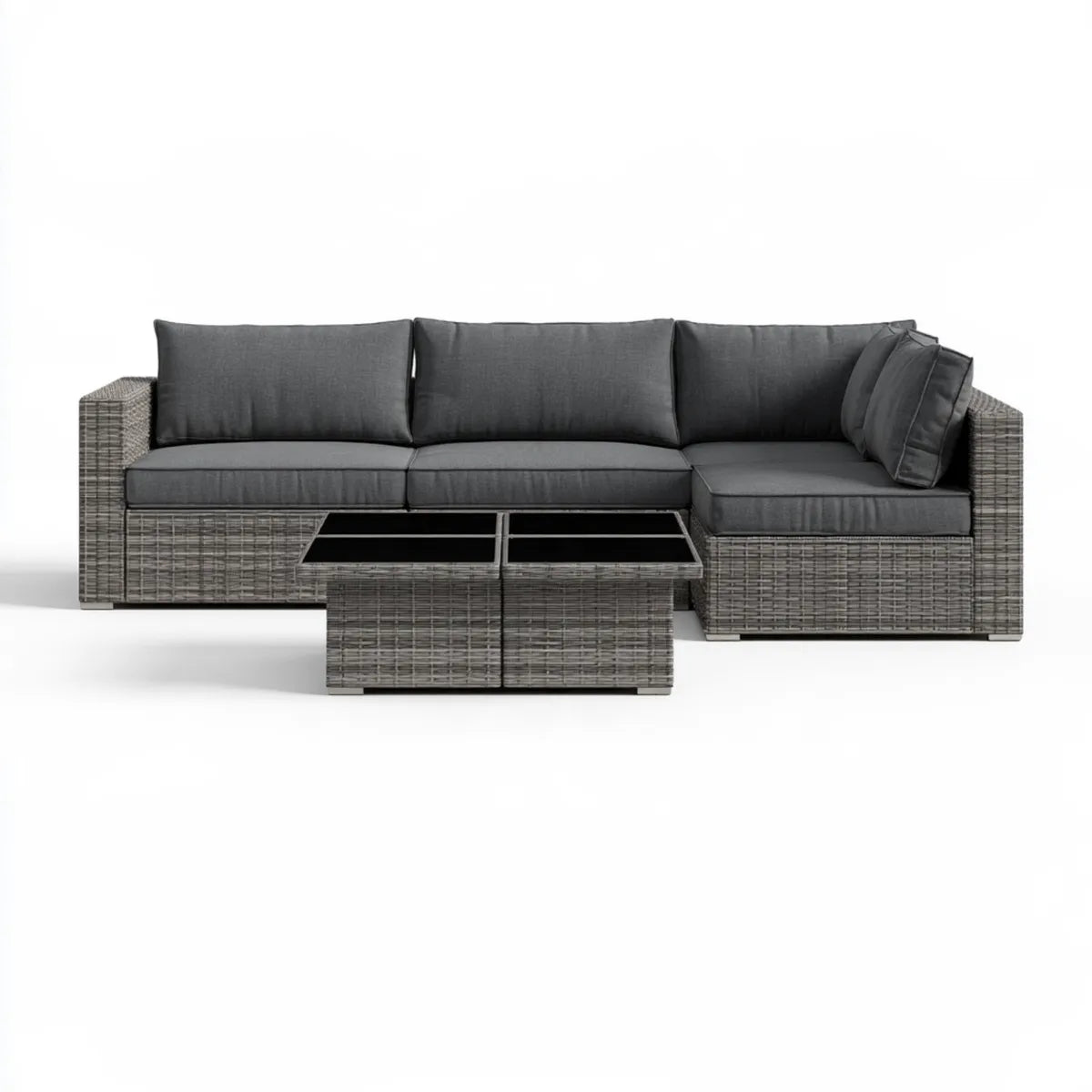Gray PE Rattan 5-Piece L-Shaped Outdoor Sectional Sofa Set with 2 Glass-Top Coffee Tables, 94.5 x 59.1 x 25.6 in