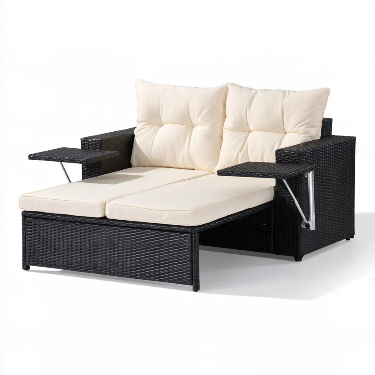 2-Seat Outdoor Rattan Loveseat Sofa with Pull-Out Footrest and Fold-Down Side Tables, Black/Cream, 124 x 90 x 69 cm