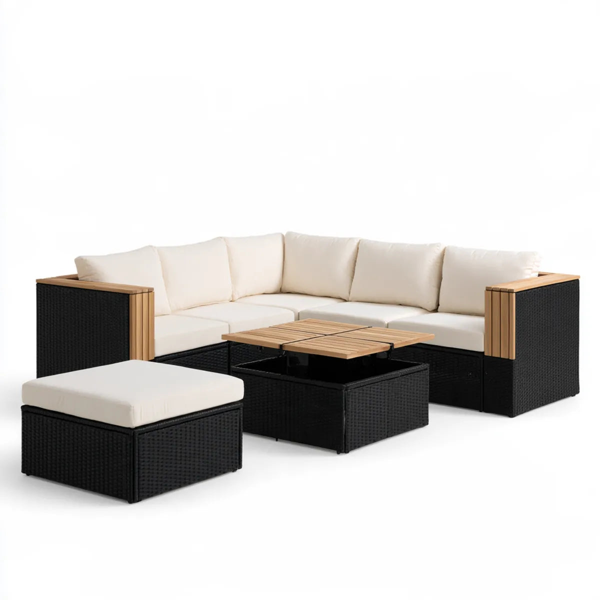 6-Piece Outdoor L-Shaped Sectional Sofa Set with Ottoman and Lift-Top Coffee Table, Black PE Rattan, Cream Polyester Cushions, 104.3 x 52 x 25.6 in