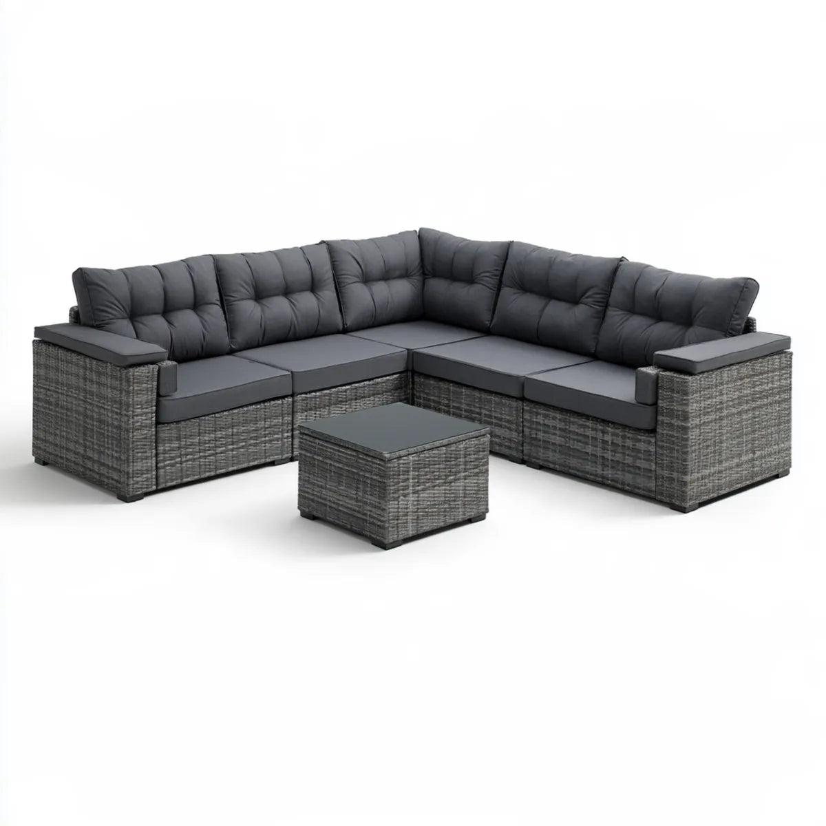 L-Shaped Outdoor Sectional Sofa Set with Coffee Table, 88 x 88 x 25 in, Gray PE Rattan and Steel
