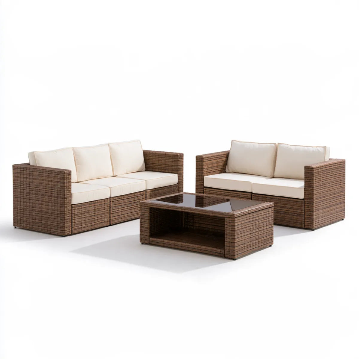 3-Piece Outdoor Patio Sofa Set with Coffee Table, Brown PE Rattan, Cream Polyester Cushions, 3-Seat Sofa 70.9 x 27.6 x 23.6 in