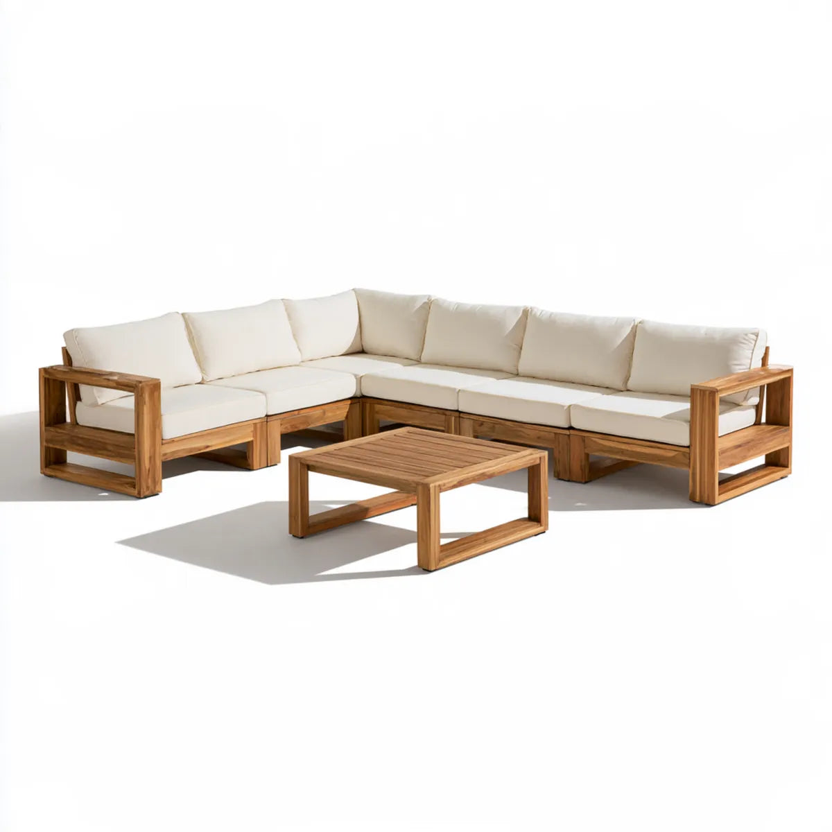 5-Seat Outdoor L-Shaped Sectional Sofa Set with Coffee Table, Natural Wood and Ivory Cushions, 280 x 210 x 78 cm