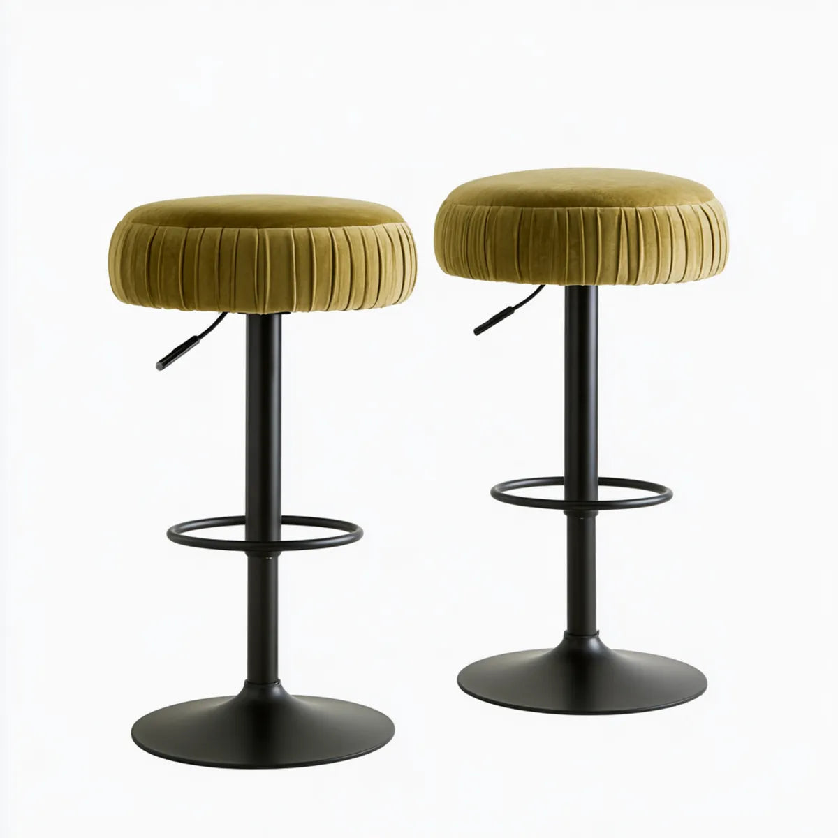 Set of 2 Adjustable Bar Stools, 24-32.3 in Olive Green Polyester Velvet Round Seats with Black Steel Bases