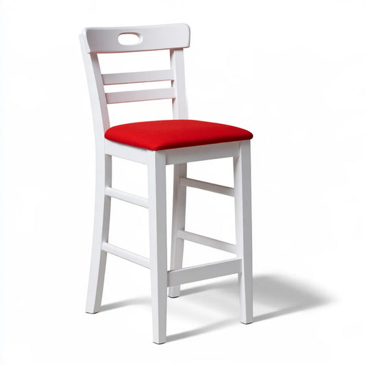 White Wooden Bar Stool with Backrest and Red Fabric Padded Seat, 16 x 18 x 42 in