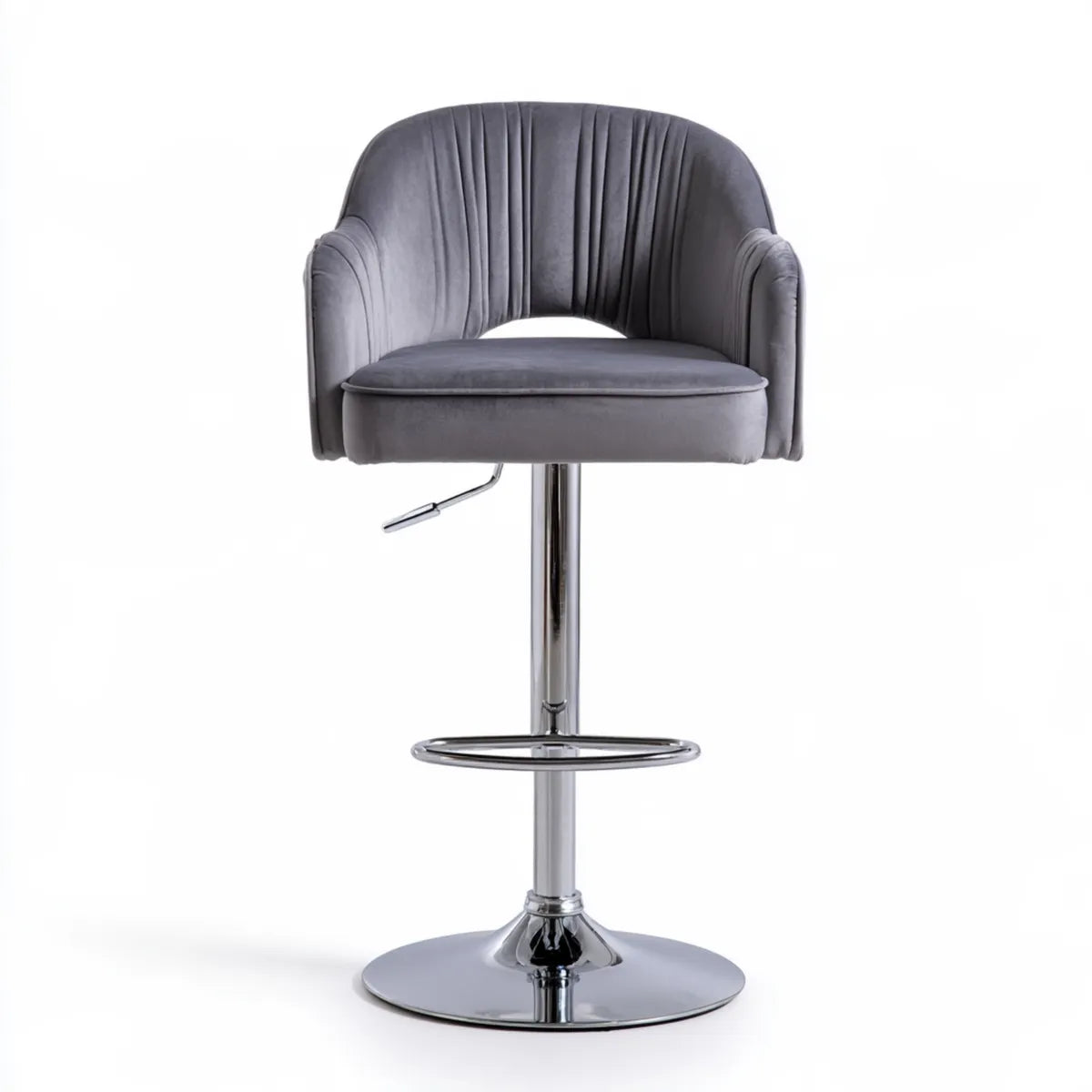 Adjustable Gray Polyester Velvet Upholstered Bar Stool with Chrome Steel Base, 20 x 21 x 35-43 in