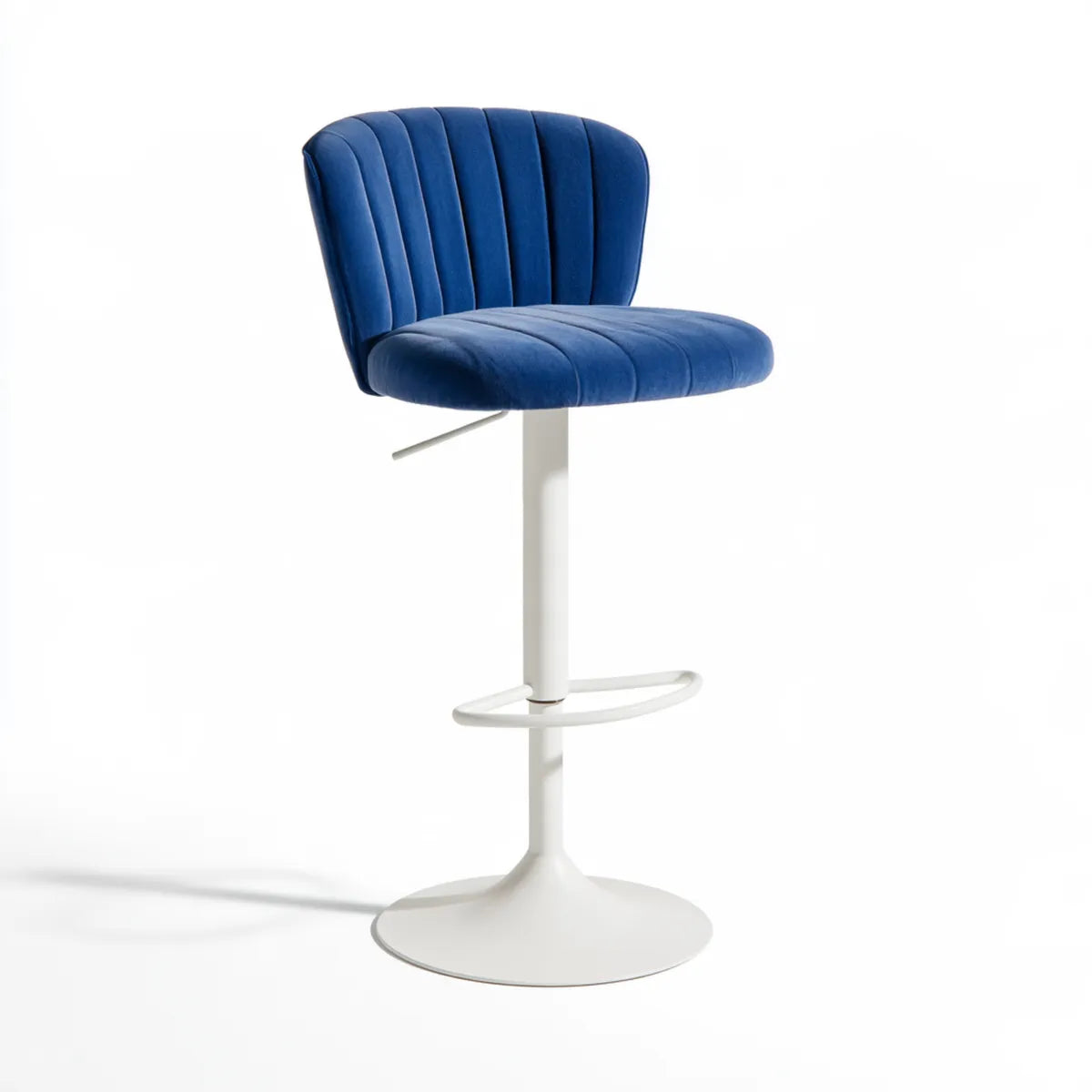Adjustable Blue Velvet Bar Stool with White Steel Round Base, 20 x 20 x 37-45 in