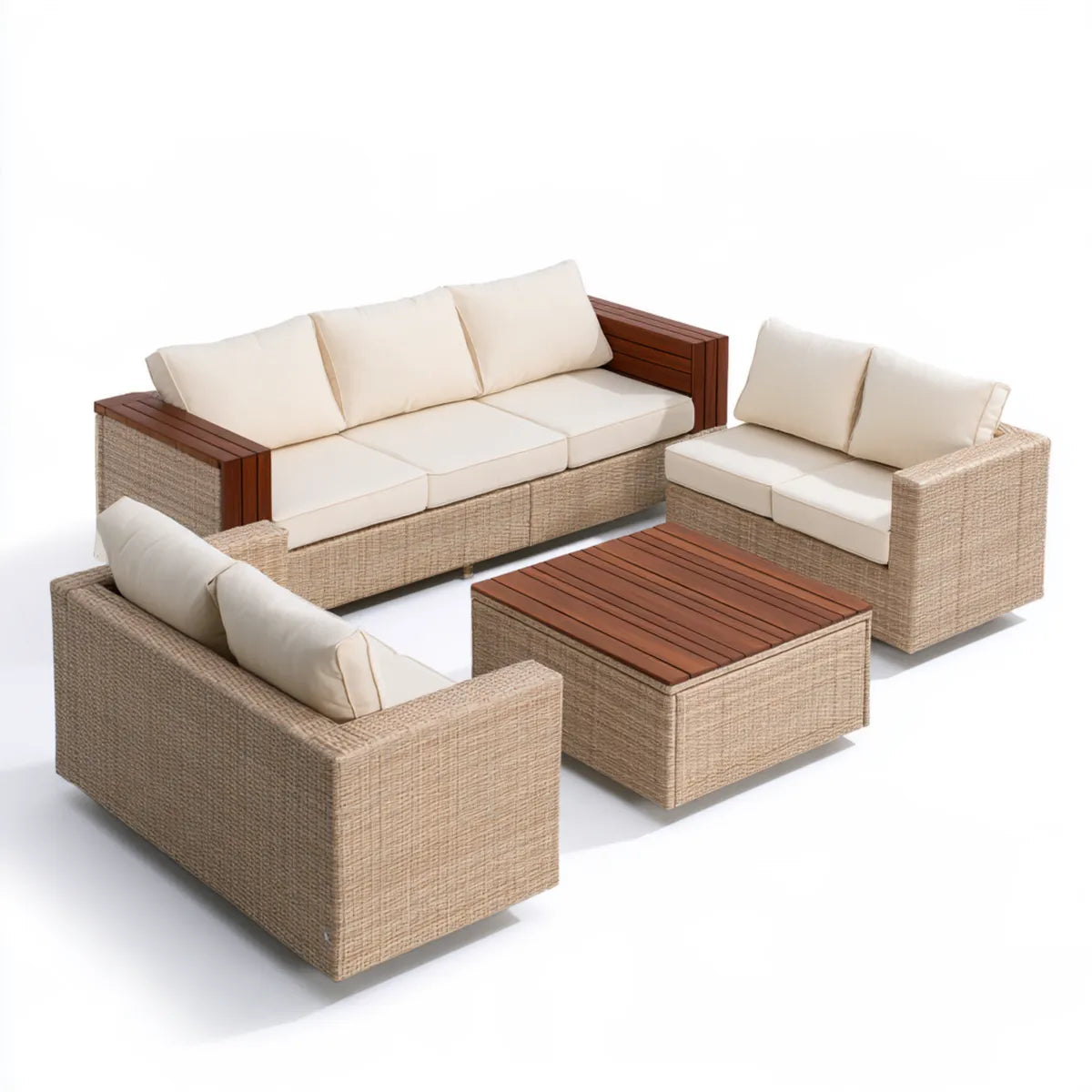 4-Piece Outdoor Patio Conversation Set with PE Rattan, Acacia Wood, Beige and Ivory Cushions, 91.3 in Three-Seat Sofa