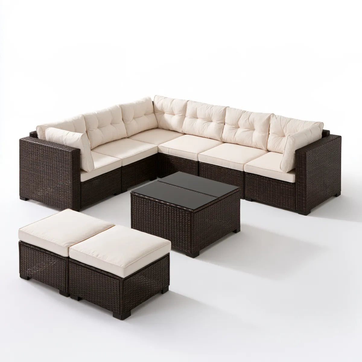 8-Piece Outdoor Patio Sectional Sofa Set with Coffee Table, Brown PE Rattan, Cream Polyester Cushions, 260 x 200 x 83 cm