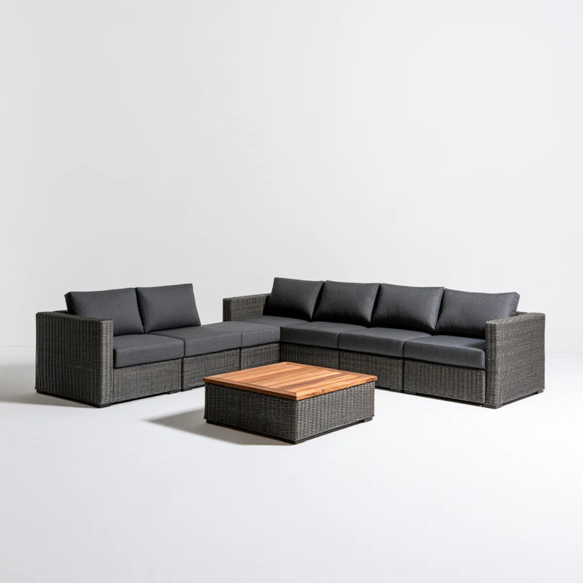 5-Seat L-Shaped Outdoor Sectional Sofa Set with Coffee Table, 270 x 210 x 63 cm, Gray PE Rattan and Acacia Wood