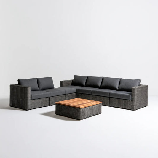 5-Seat L-Shaped Outdoor Sectional Sofa Set with Coffee Table, 270 x 210 x 63 cm, Gray PE Rattan and Acacia Wood