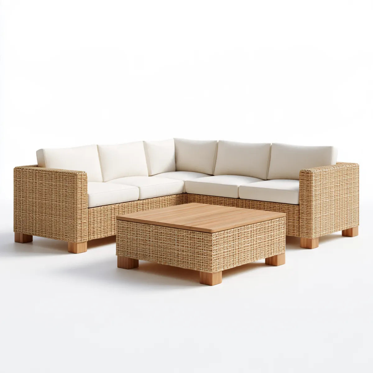 Outdoor Wicker Sectional Sofa Set, 98.4 x 78.7 x 29.5 in, Natural PE Rattan L-Shaped 5-Seat Sofa with Coffee Table, Natural/Ivory