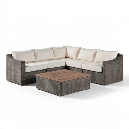 4-Seat Outdoor L-Shaped PE Rattan Sectional Sofa Set with Coffee Table, 89 x 89 x 31 in, Gray/Beige/Brown