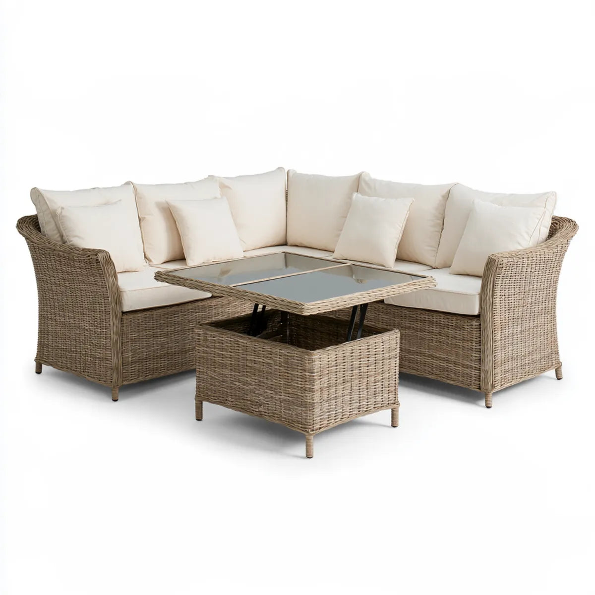 Outdoor Rattan Corner Sofa Set with Lift-Top Glass Table, Beige/Cream, 206 x 206 x 85 cm
