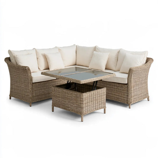 Outdoor Rattan Corner Sofa Set with Lift-Top Glass Table, Beige/Cream, 206 x 206 x 85 cm