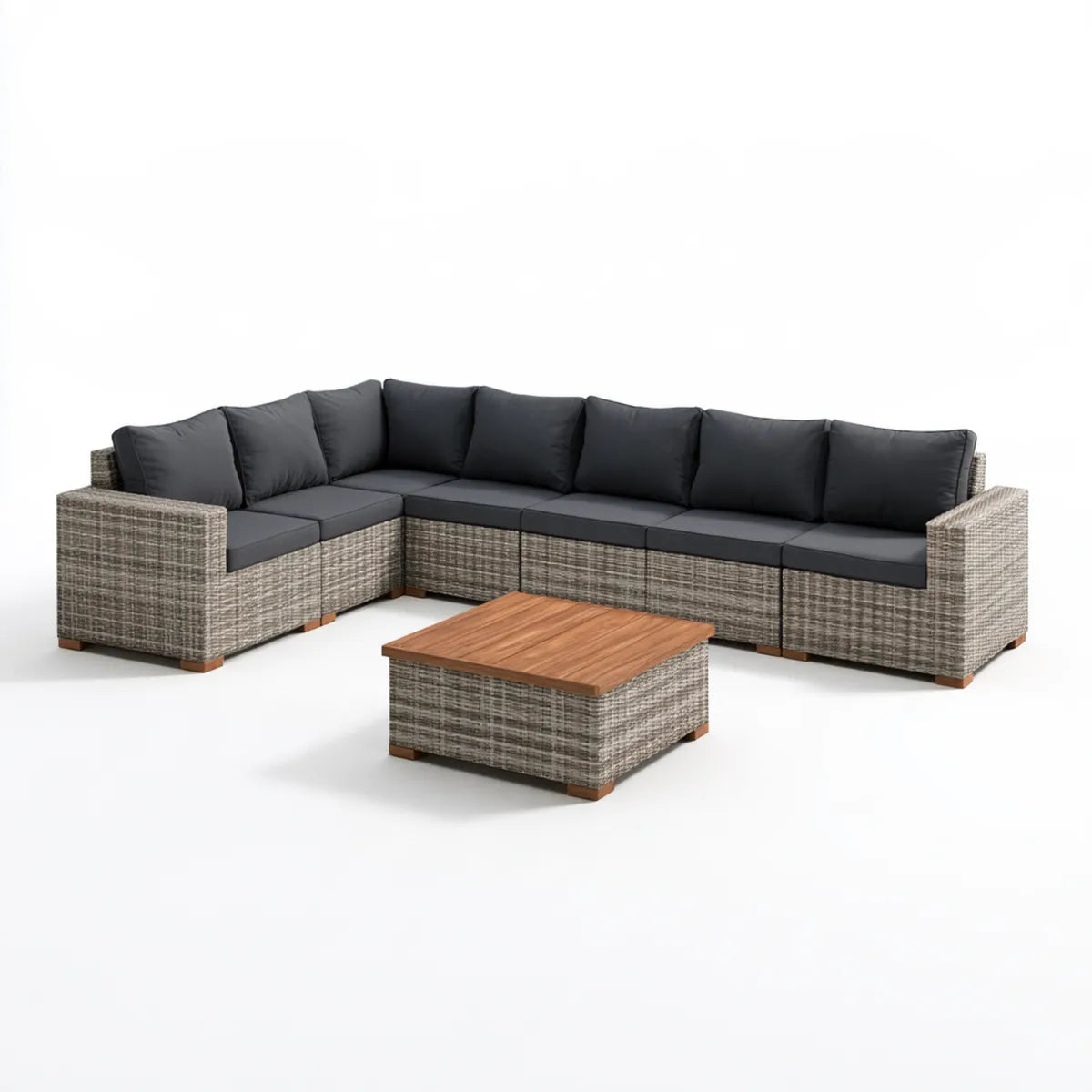 7-Piece Outdoor PE Rattan L-Shaped Sectional Sofa Set with Acacia Wood Coffee Table, 112 x 84 x 25.6 in, Gray/Black/Brown