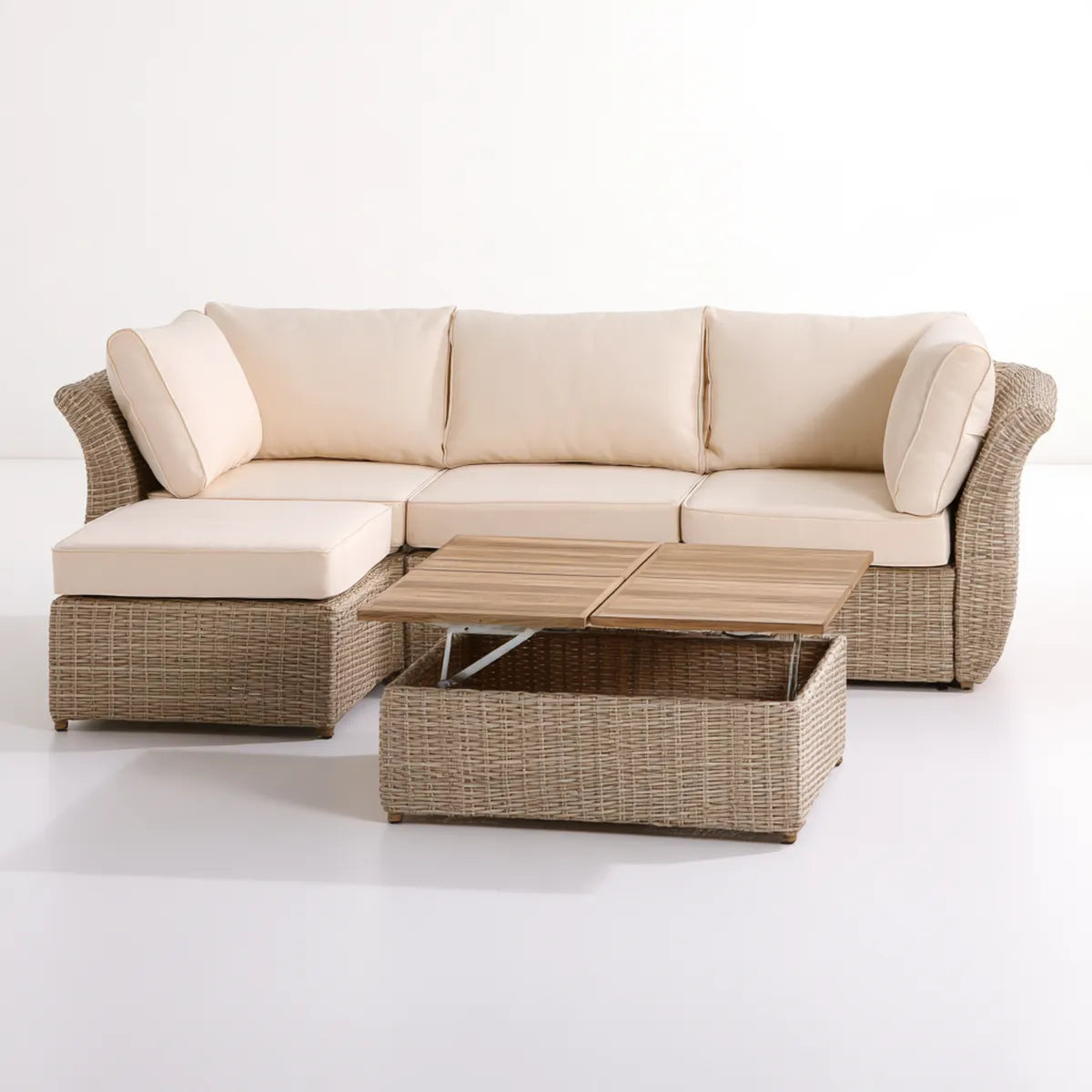 Outdoor L-Shaped PE Rattan Sectional Sofa Set with Lift-Top Storage Coffee Table, 86.6 x 61 x 32 in, Beige/Taupe