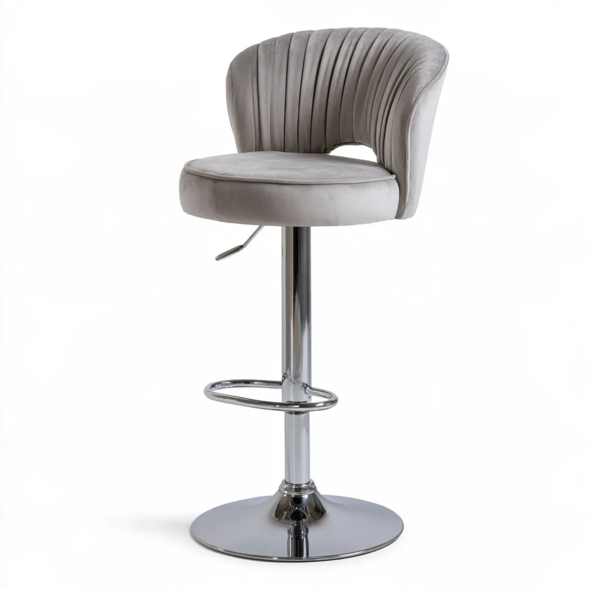 Adjustable Swivel Bar Stool, Gray Polyester Velvet Upholstery, Chrome Steel Base, 20.5 x 20 x 35-43 in
