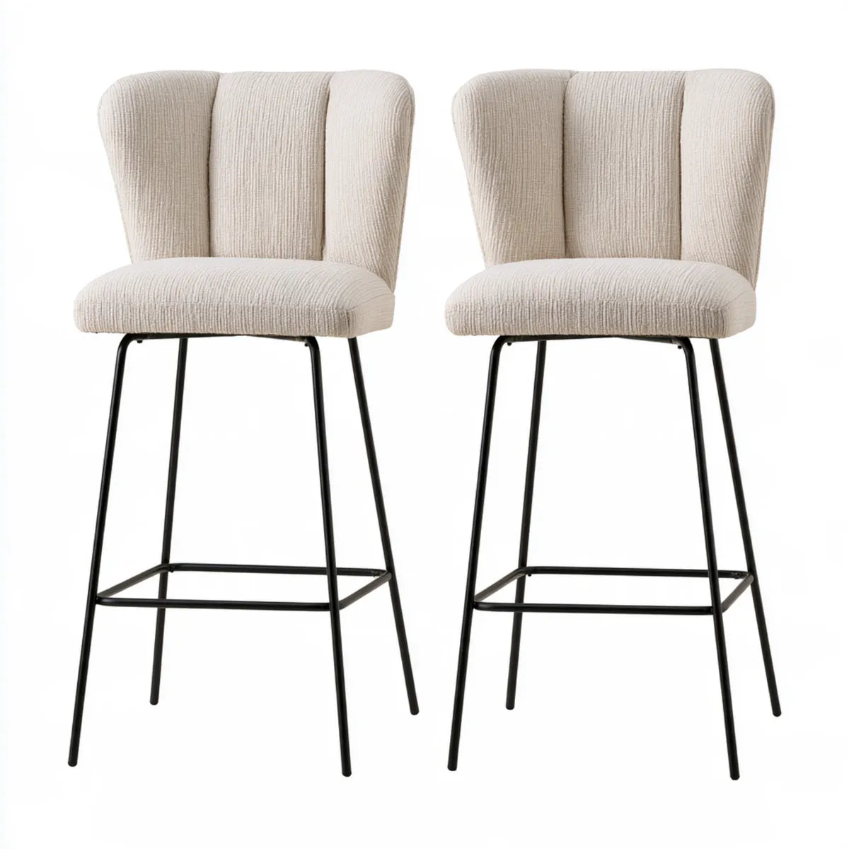 Set of 2 Cream Upholstered Bar Stools with Black Steel Frame, 29.9 in Seat Height